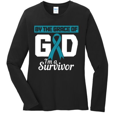 Ovarian Cancer Awareness By The Grace Of Im A Survivor Ladies Long Sleeve Shirt