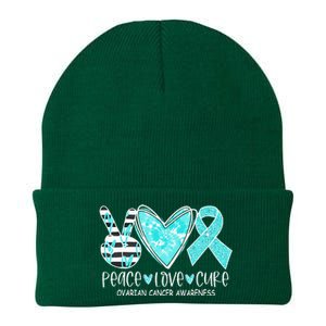 Ovarian Cancer Awareness Teal Ribbon Heart Peace Love Cure Knit Cap Winter Beanie