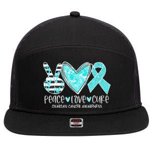 Ovarian Cancer Awareness Teal Ribbon Heart Peace Love Cure 7 Panel Mesh Trucker Snapback Hat