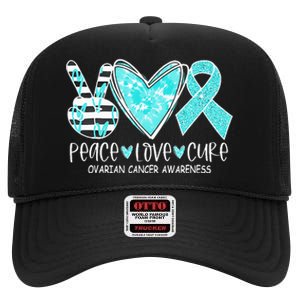 Ovarian Cancer Awareness Teal Ribbon Heart Peace Love Cure High Crown Mesh Back Trucker Hat