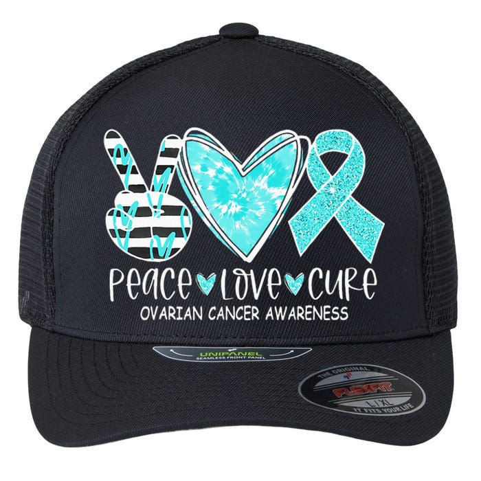 Ovarian Cancer Awareness Teal Ribbon Heart Peace Love Cure Flexfit Unipanel Trucker Cap