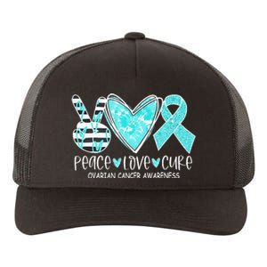 Ovarian Cancer Awareness Teal Ribbon Heart Peace Love Cure Yupoong Adult 5-Panel Trucker Hat