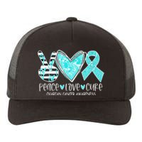 Ovarian Cancer Awareness Teal Ribbon Heart Peace Love Cure Yupoong Adult 5-Panel Trucker Hat