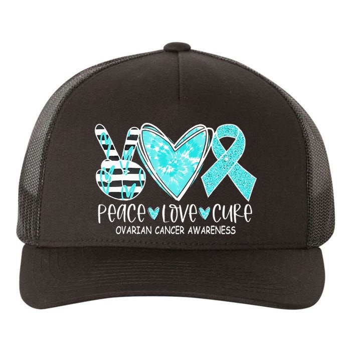 Ovarian Cancer Awareness Teal Ribbon Heart Peace Love Cure Yupoong Adult 5-Panel Trucker Hat