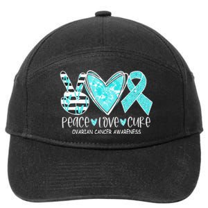 Ovarian Cancer Awareness Teal Ribbon Heart Peace Love Cure 7-Panel Snapback Hat