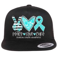 Ovarian Cancer Awareness Teal Ribbon Heart Peace Love Cure Flat Bill Trucker Hat