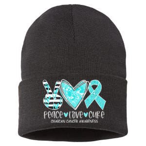 Ovarian Cancer Awareness Teal Ribbon Heart Peace Love Cure Sustainable Knit Beanie