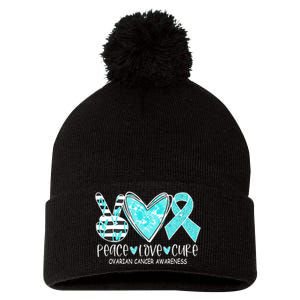 Ovarian Cancer Awareness Teal Ribbon Heart Peace Love Cure Pom Pom 12in Knit Beanie