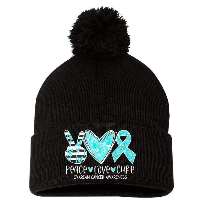 Ovarian Cancer Awareness Teal Ribbon Heart Peace Love Cure Pom Pom 12in Knit Beanie