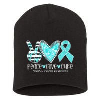 Ovarian Cancer Awareness Teal Ribbon Heart Peace Love Cure Short Acrylic Beanie