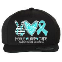 Ovarian Cancer Awareness Teal Ribbon Heart Peace Love Cure Wool Snapback Cap