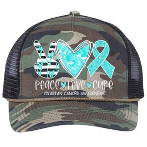 Ovarian Cancer Awareness Teal Ribbon Heart Peace Love Cure Retro Rope Trucker Hat Cap