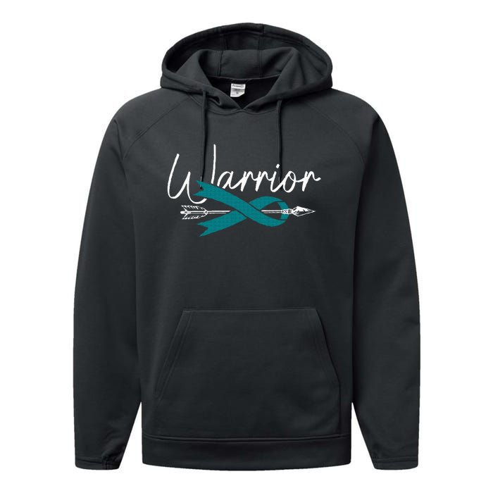 Ovarian Cancer Awareness Month Woman Teal Ribbon Warrior Performance Fleece Hoodie