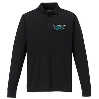 Ovarian Cancer Awareness Month Woman Teal Ribbon Warrior Performance Long Sleeve Polo