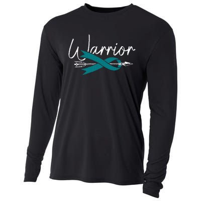 Ovarian Cancer Awareness Month Woman Teal Ribbon Warrior Cooling Performance Long Sleeve Crew