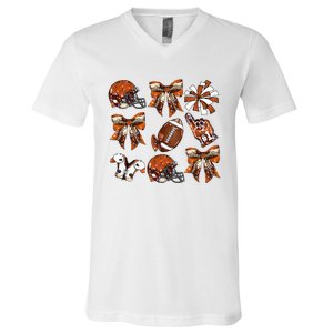 Orange Coquette Bow Football Game Day V-Neck T-Shirt