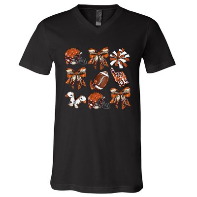 Orange Coquette Bow Football Game Day Women Gift V-Neck T-Shirt