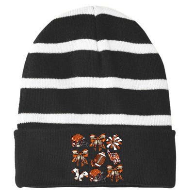 Orange Coquette Bow Football Game Day Women Gift Striped Beanie with Solid Band