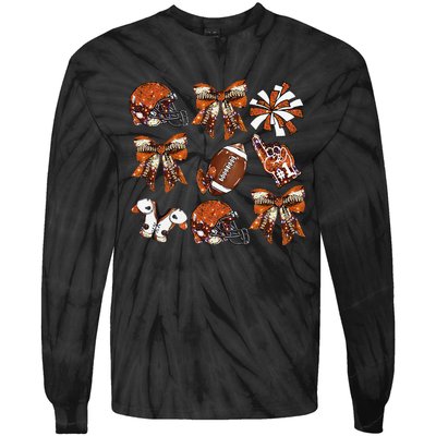 Orange Coquette Bow Football Game Day Women Gift Tie-Dye Long Sleeve Shirt