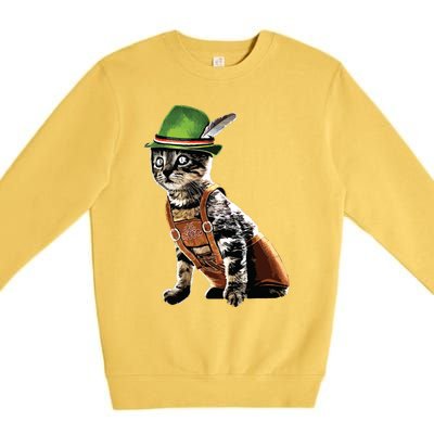 Oktoberfest Cat Bavarian Lederhosen Costume Alpine Hat Gift Premium Crewneck Sweatshirt