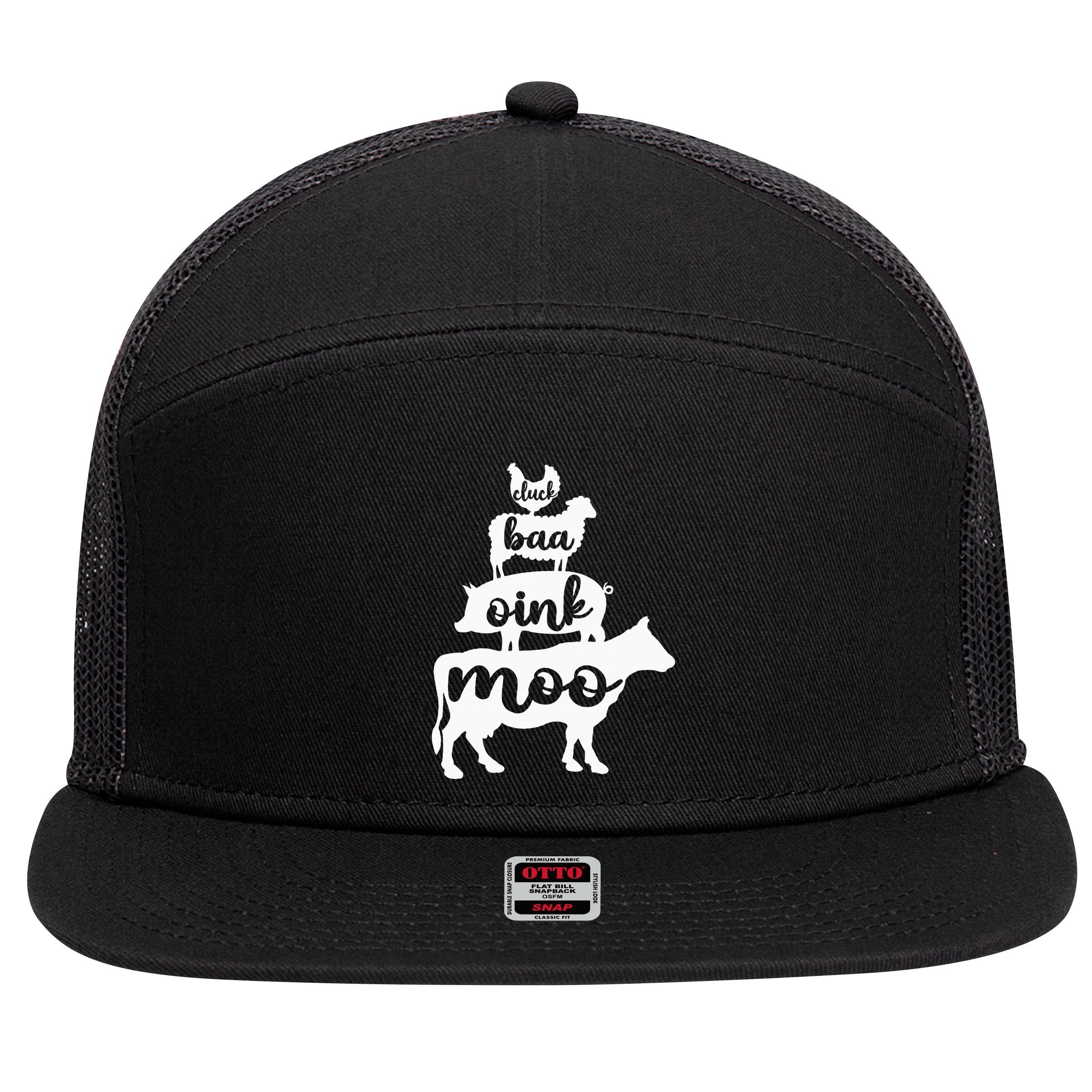 Oink Cluck Baa Moo Birthday Pig Chicken Cow Farmer 7 Panel Mesh Trucker Snapback Hat