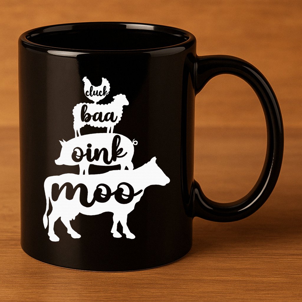 Oink Cluck Baa Moo Birthday Pig Chicken Cow Farmer 11oz C Handle Ceramic Mug