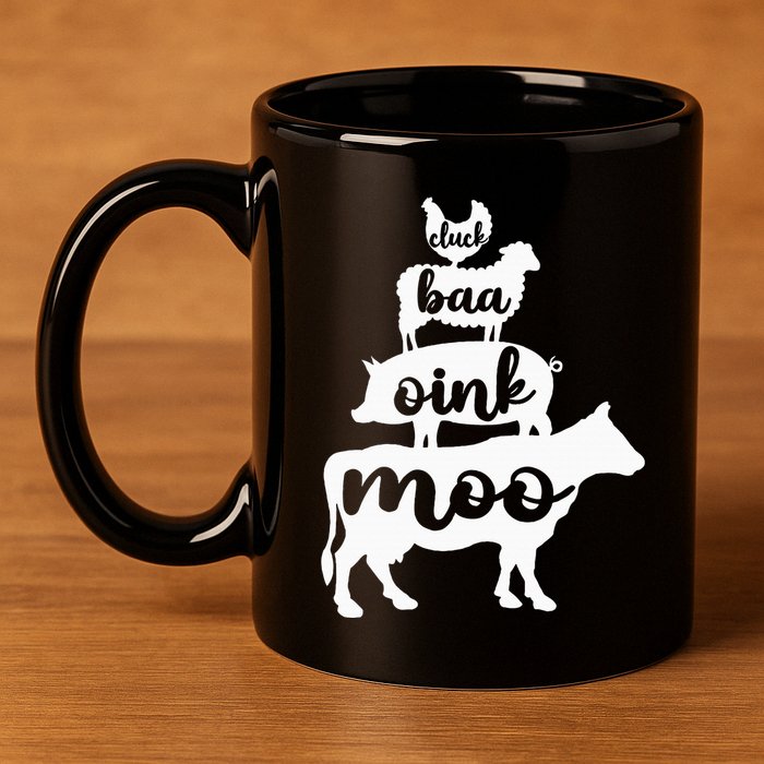 Oink Cluck Baa Moo Birthday Pig Chicken Cow Farmer 11oz C Handle Ceramic Mug