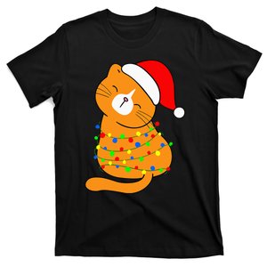 Orange Cat Christmas Tree Lights Santa Hat Funny Cat Lovers T-Shirt