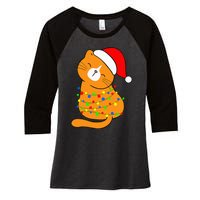 Orange Cat Christmas Tree Lights Santa Hat Funny Cat Lovers Women's Tri-Blend 3/4-Sleeve Raglan Shirt