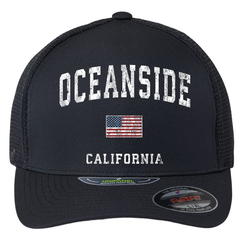 Oceanside California Ca Vintage American Flag Sports Design Flexfit Unipanel Trucker Cap