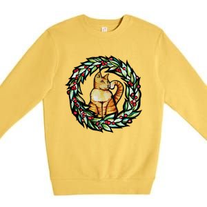 Orange Cat Christmas Wreath Meaningful Gift Premium Crewneck Sweatshirt