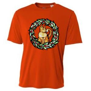 Orange Cat Christmas Wreath Meaningful Gift Cooling Performance Crew T-Shirt