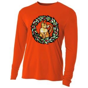 Orange Cat Christmas Wreath Meaningful Gift Cooling Performance Long Sleeve Crew