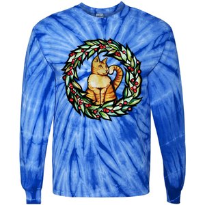 Orange Cat Christmas Wreath Meaningful Gift Tie-Dye Long Sleeve Shirt