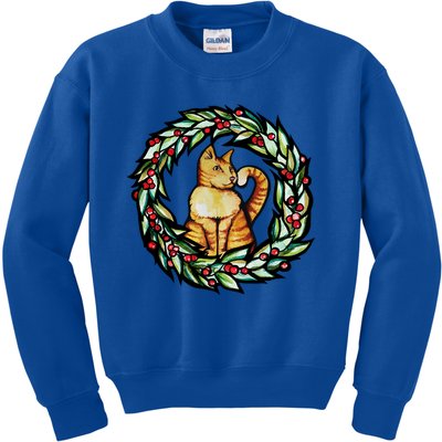 Orange Cat Christmas Wreath Meaningful Gift Kids Sweatshirt