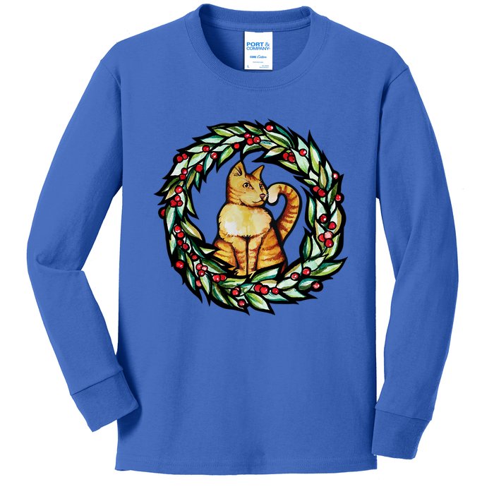 Orange Cat Christmas Wreath Meaningful Gift Kids Long Sleeve Shirt