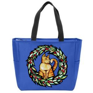 Orange Cat Christmas Wreath Meaningful Gift Zip Tote Bag