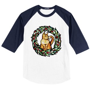 Orange Cat Christmas Wreath Meaningful Gift Baseball Sleeve Shirt