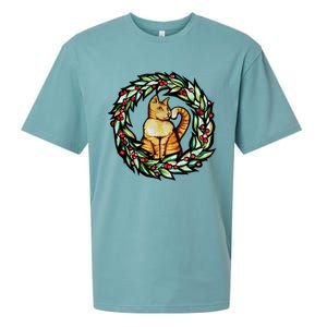 Orange Cat Christmas Wreath Meaningful Gift Sueded Cloud Jersey T-Shirt