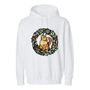 Orange Cat Christmas Wreath Meaningful Gift Garment-Dyed Fleece Hoodie