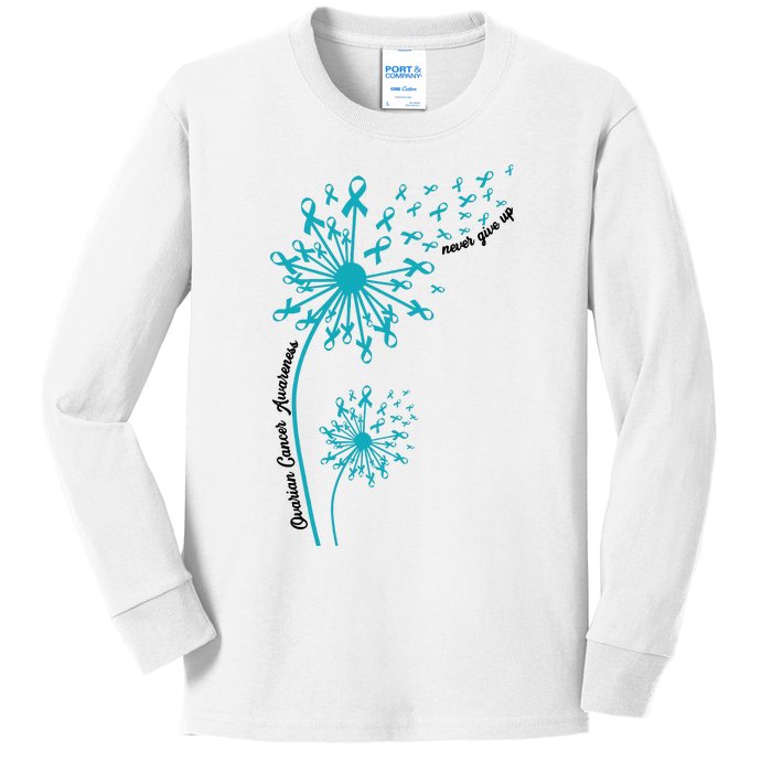 Ovarian Cancer Dandelion Teal Ribbon Ovarian Cancer Ovarian Survivor Kids Long Sleeve Shirt