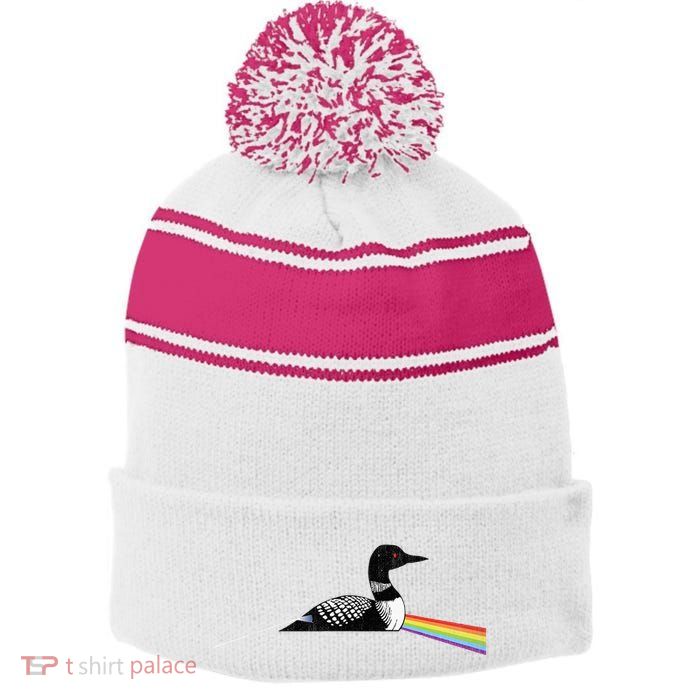 Original Classic Dark Side Of The Loon Bird Watching Stripe Pom Pom Beanie