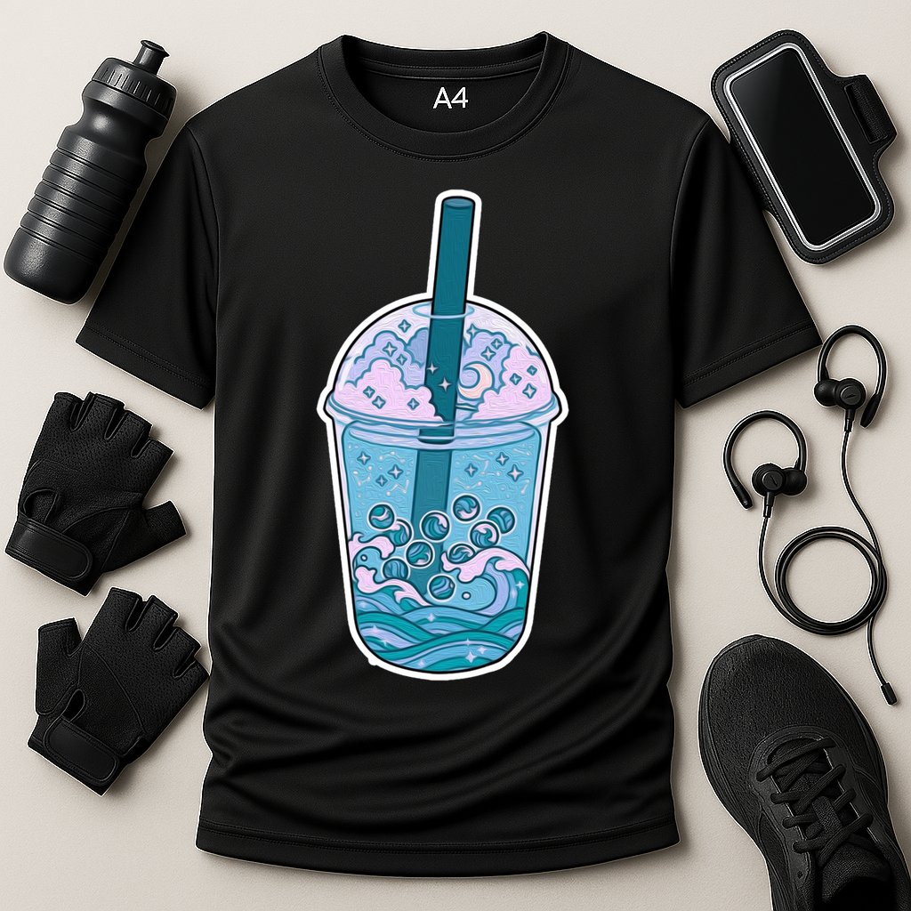 Ocean Waves Boba Tea Cooling Performance Crew T-Shirt