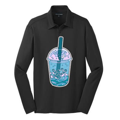 Ocean Waves Boba Tea Silk Touch Performance Long Sleeve Polo