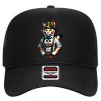 Oktoberfest Cat Funny German Bavarian Lederhosen Cat Lover High Crown Mesh Back Trucker Hat