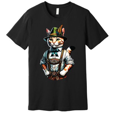 Oktoberfest Cat Funny German Bavarian Lederhosen Cat Lover Premium T-Shirt