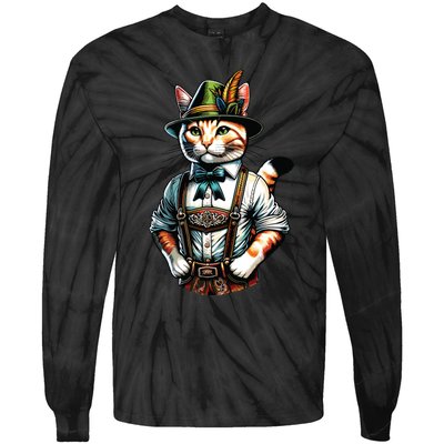 Oktoberfest Cat Funny German Bavarian Lederhosen Cat Lover Tie-Dye Long Sleeve Shirt