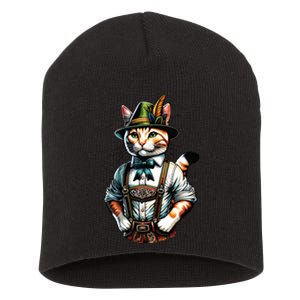 Oktoberfest Cat Funny German Bavarian Lederhosen Cat Lover Short Acrylic Beanie