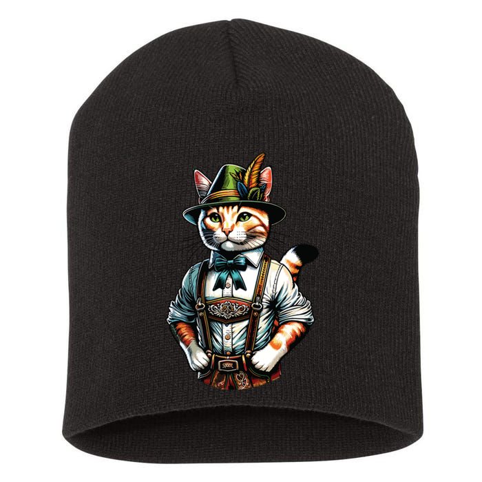 Oktoberfest Cat Funny German Bavarian Lederhosen Cat Lover Short Acrylic Beanie