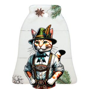 Oktoberfest Cat Funny German Bavarian Lederhosen Cat Lover Ceramic Bell Ornament